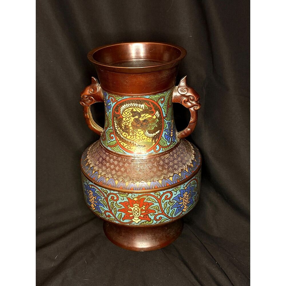 Chinese Cloisonné Enamel Vase w Dragon Handles 12”